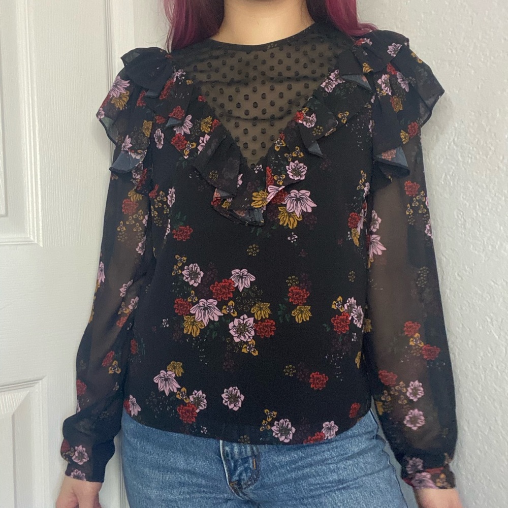 Black floral chiffon sheer ruffle top